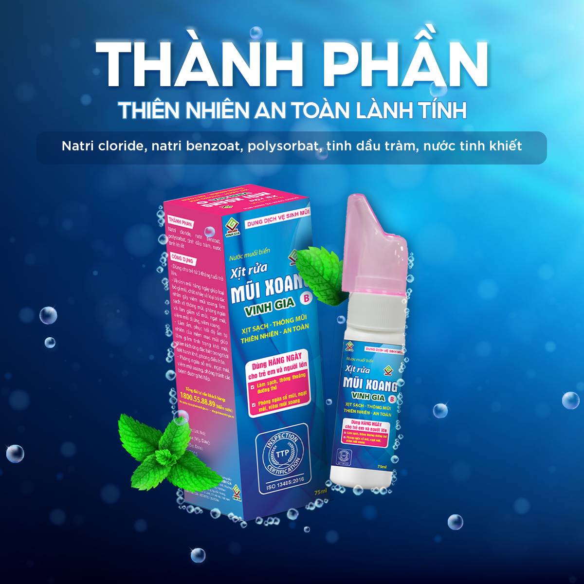 Xịt Rửa Mũi Xoang VINH GIA B Chứa Tinh Dầu Tràm, Giảm Dị Ứng, Nghẹt Mũi, Dùng Cho Trẻ Em Từ 3 Tháng Tuổi 75ml