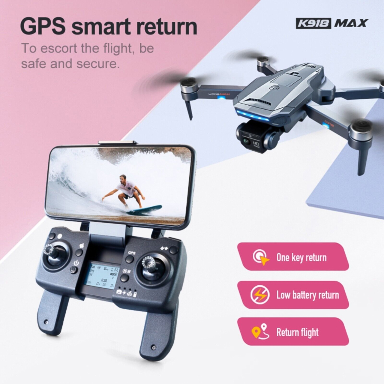 Flycam Mini K918 MAX G.P.S - Máy Bay Điều Khiển Từ Xa Camera HD FPV 1.2Km Chụp Ảnh Trên Không Cảm Biến Tránh Vật Cản xoay 360 độ Không Chổi Than Bay 30 Phút 5GWIF Mẫu Mới 2022 - Hàng Chính Hãng