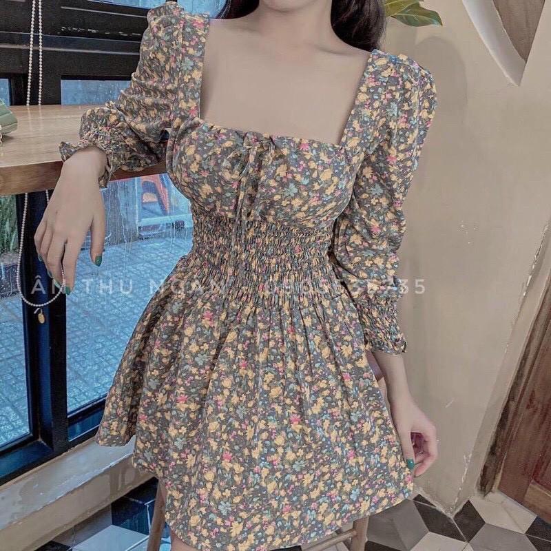 Váy hoa nhí cổ vuông tay dài chun eo hàng thiết kế cao cấp