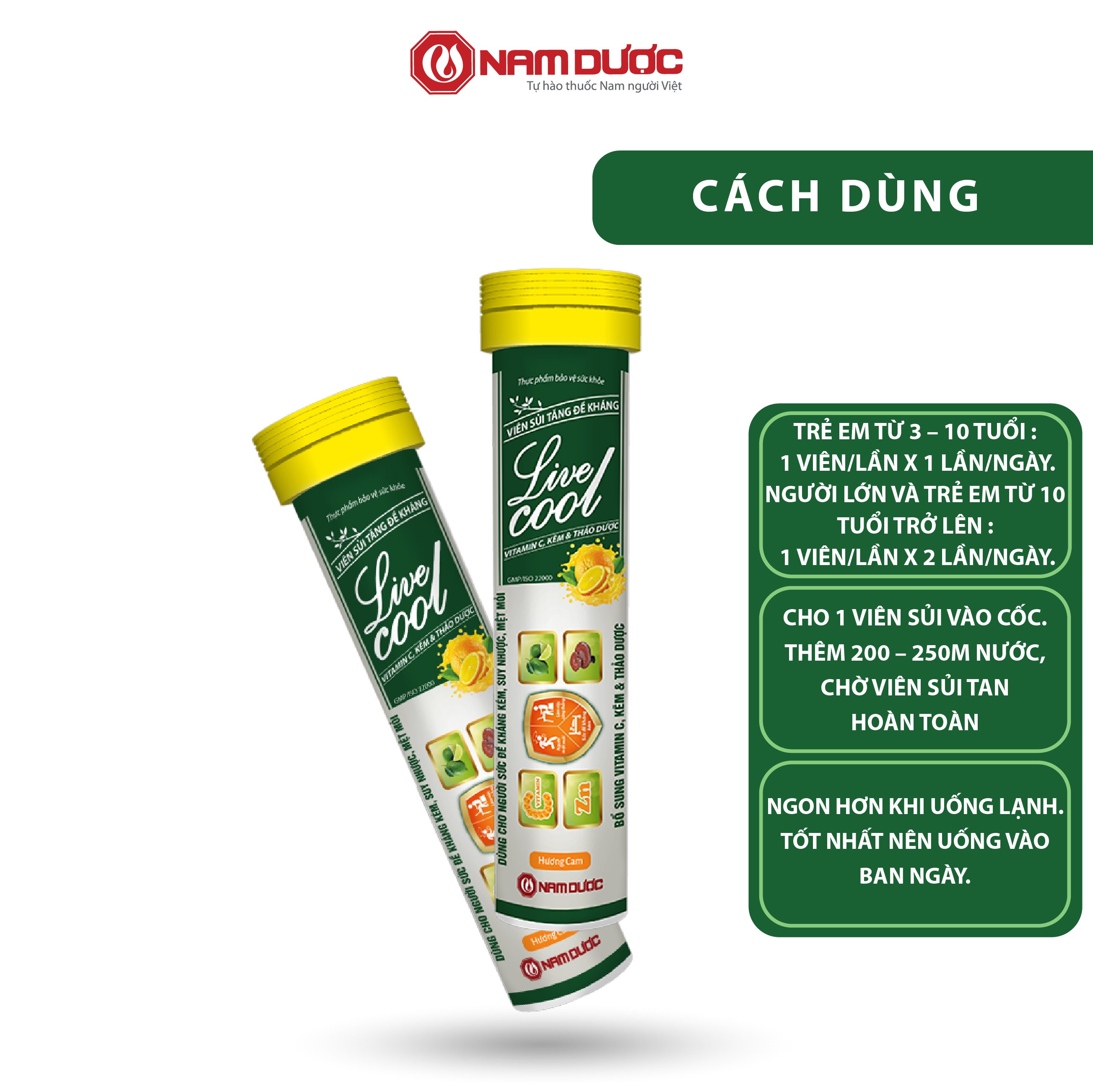 Viên sủi tăng đề kháng Livecool Nam Dược (16 viên sủi x 4g),bổ sung vitamin C, kẽm và thảo dược,củng cố hệ miễn dịch