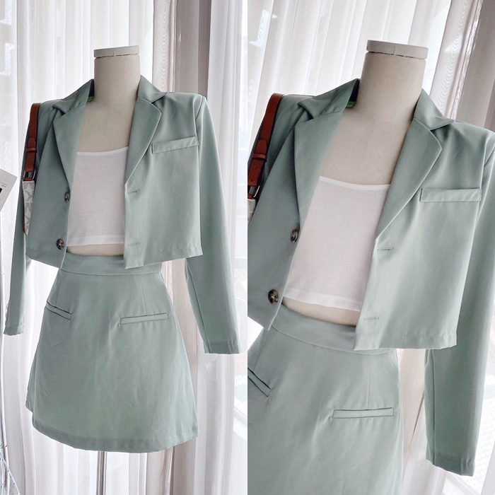 ĐẦM SET ÁO KHOÁC VEST BLAZER LỬNG SUÔNG TRƠN TAY DÀI XANH PASTEL + CHÂN VÁY CHỮ A NGẮN LƯNG CAO + ÁO CROPTOP 2 DÂY ĐI TIỆC DẠO PHỐ ĐI CHƠI CÔNG SỞ