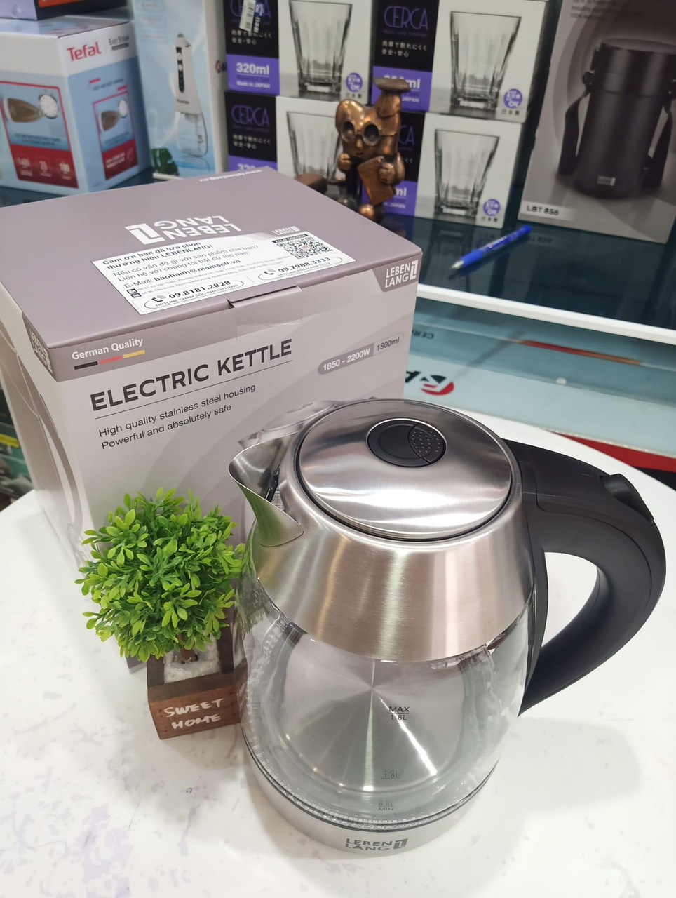 Ấm Siêu Tốc Thuỷ Tinh Lebenlang 1.8L LBWE2626 - LBLB2828 Kèm Lõi Lọc Inox - Hàng Chính Hãng