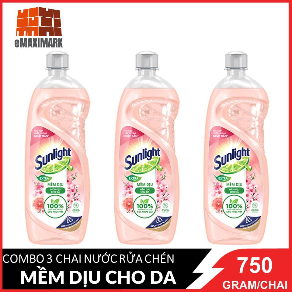 COMBO 3 Chai Nước rửa chén Sunlight Mềm Dịu Hương Bưởi Tây & Hoa Anh Đào chai 750gx3