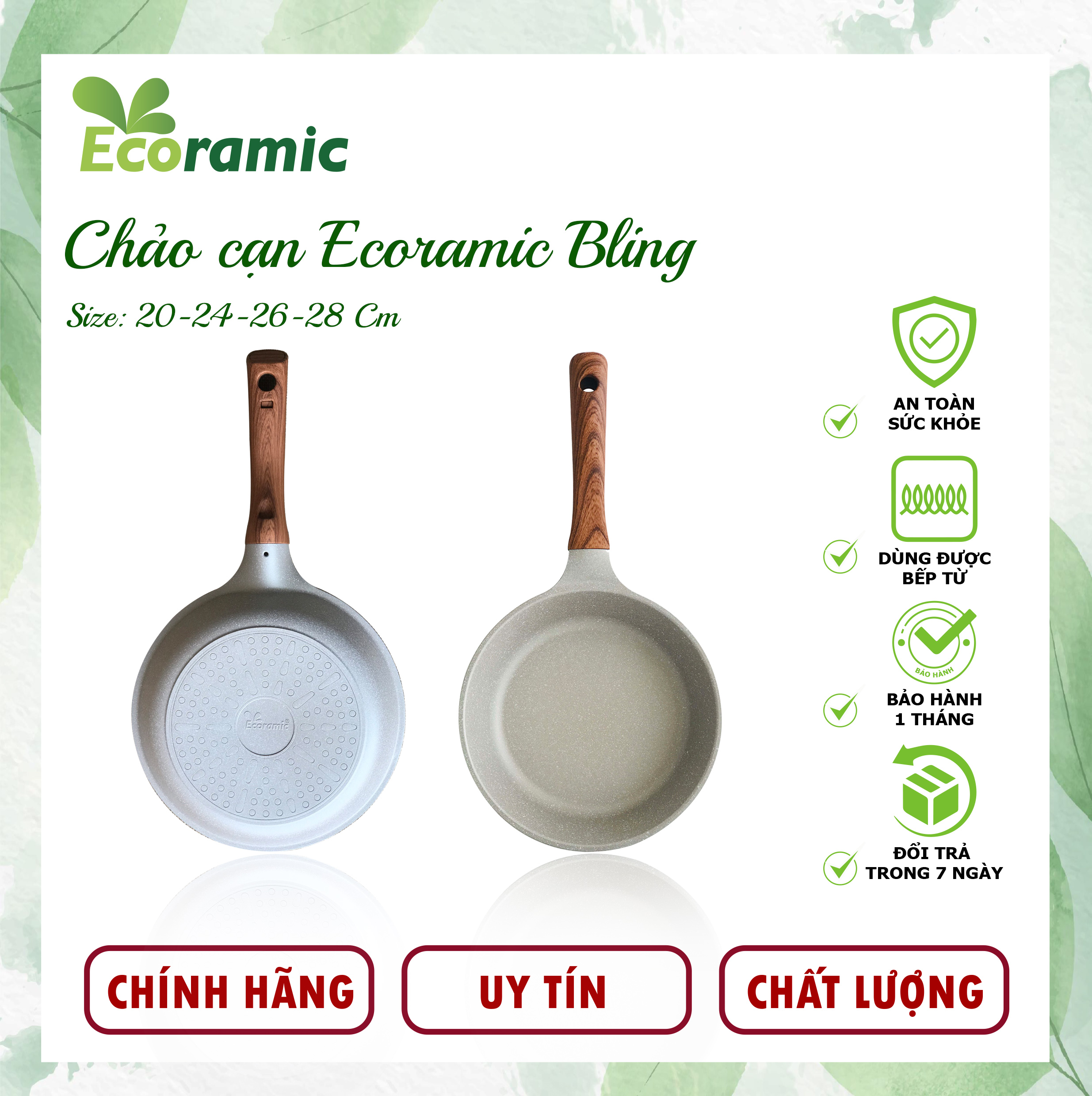 Chảo Cạn Chống Dính Ecoramic Bling Chính Hãng Cao Cấp, Chống Dính, Siêu Bền