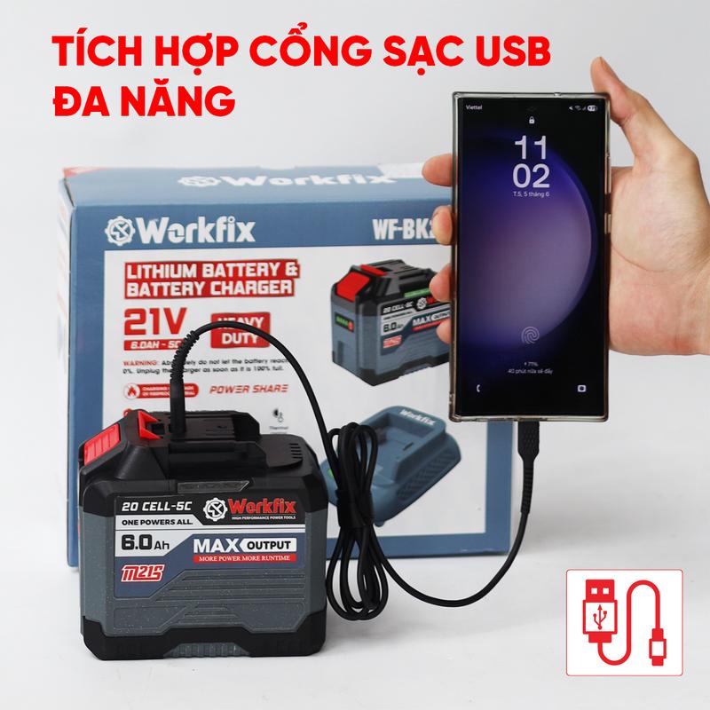 Combo Workfix 20 Cell 6Ah + Sạc - WF-BK2006A - Mạch 4 Mosfet - Chân Pin Phổ Thông - Vỏ Abs Chống Va Đập - Chuyên Dùng Cho Khoan Bê Tông, Mài, bulong, Cưa...