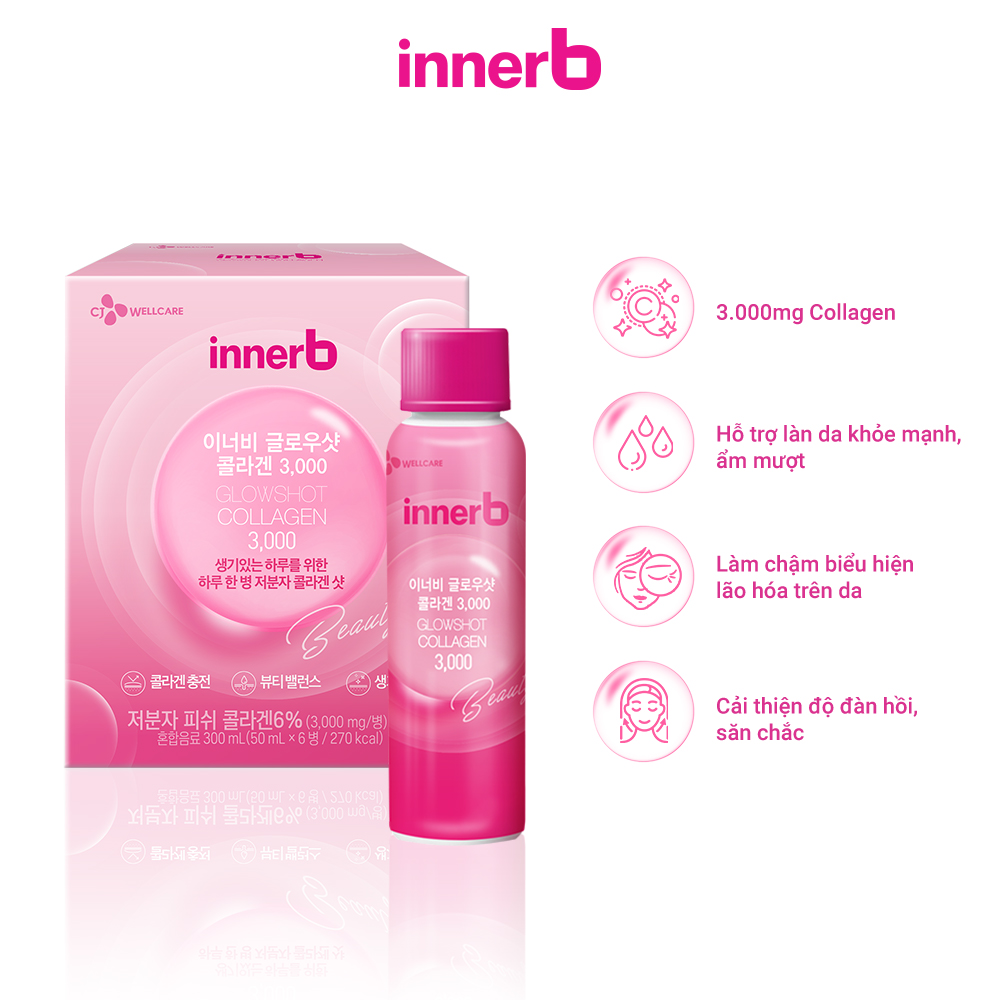 Combo 4 hộp 6 chai nước uống Collagen Vitamin C sáng da InnerB Glowshot và thực phẩm bảo vệ sức khỏe InnerB Snow White