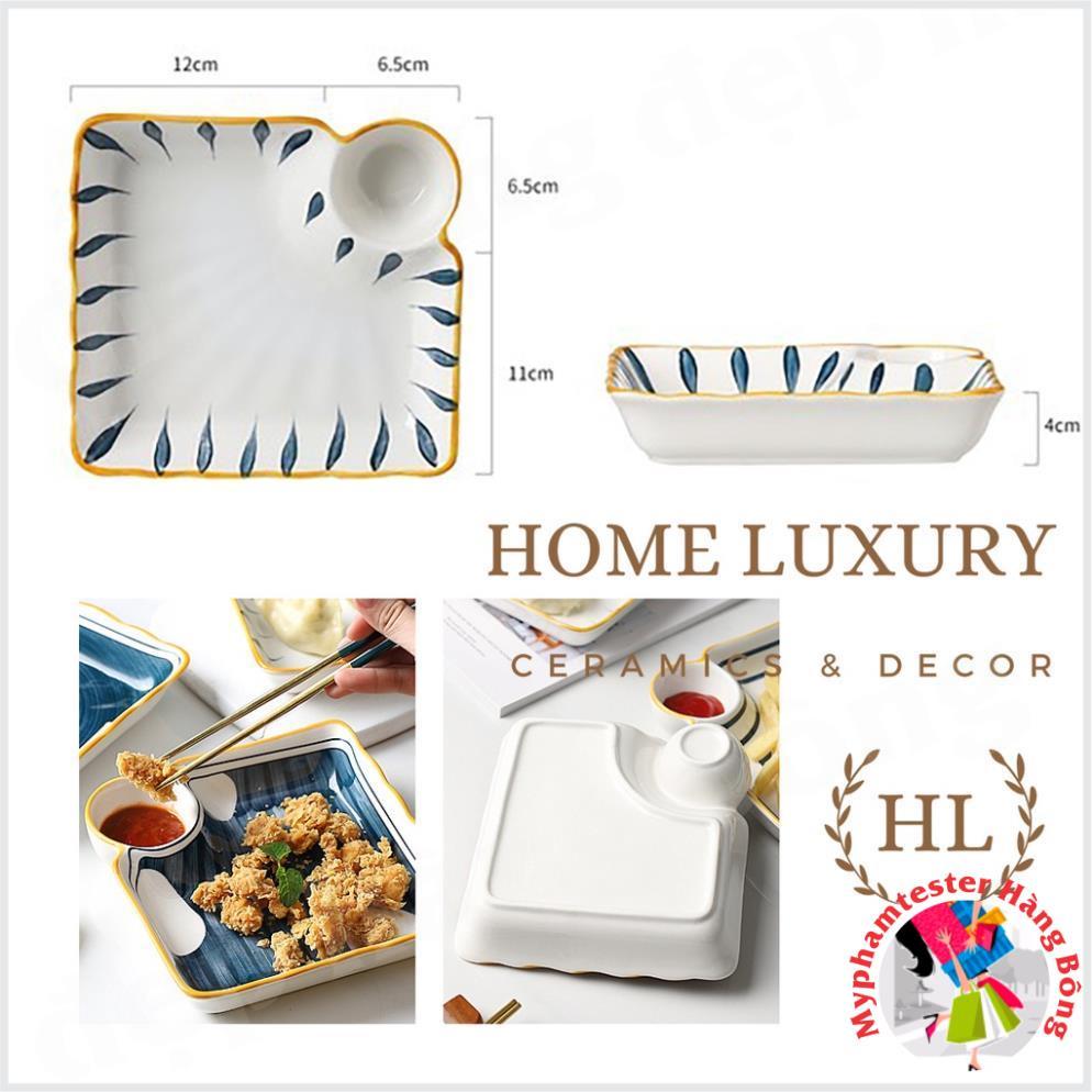 Đĩa Vuông Có Ngăn Chấm Nhật Bản | Đĩa sứ vuông cao cấp 2022 có chia ngăn đựng gia vị Phong Cách Decor Retro