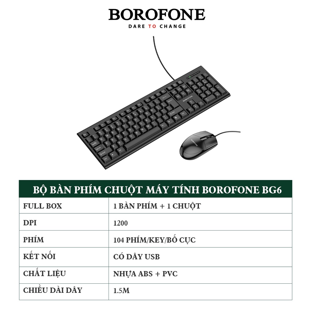 Bộ Bàn Phím Và Chuột Máy Tính Có Dây Dành Cho Hoco Borofone BG6, Độ Nảy Thích Hợp, Độ Nhạy Của Chuột Cao, Chất Liệu ABS Cao Cấp - Hàng Chính Hãng