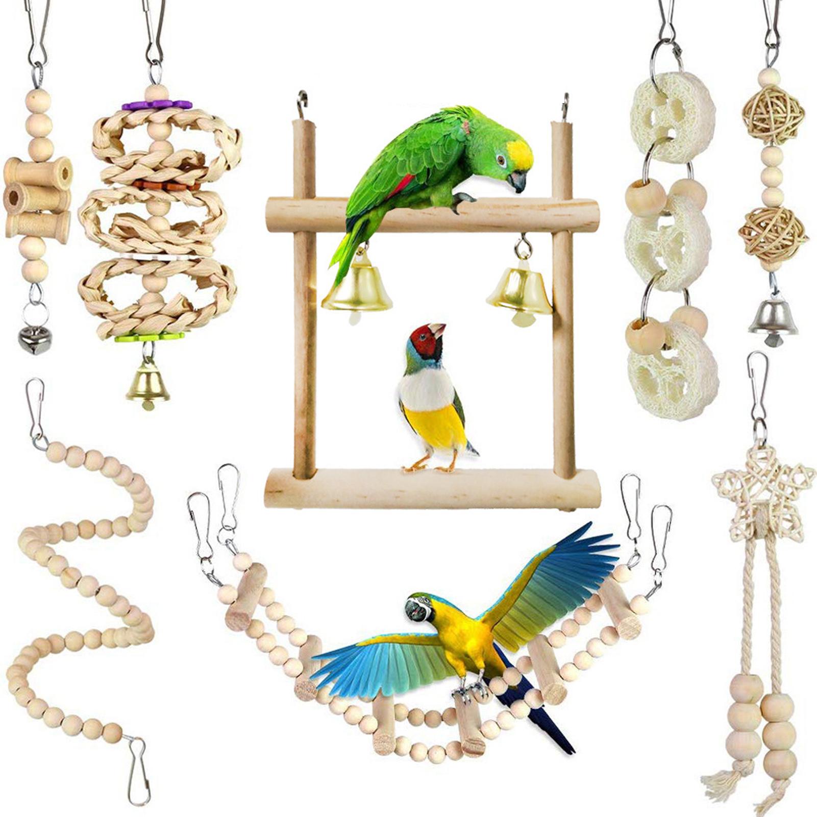 8 Pieces Parrot Chewing Toys Bird Toys Wooden Swing Soft Ladder Ladder Wooden Beads Rotating Stairs