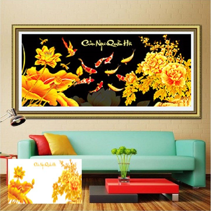 Tranh đính đá Cửu ngư quần hội 110x50cm - tranh tự đính