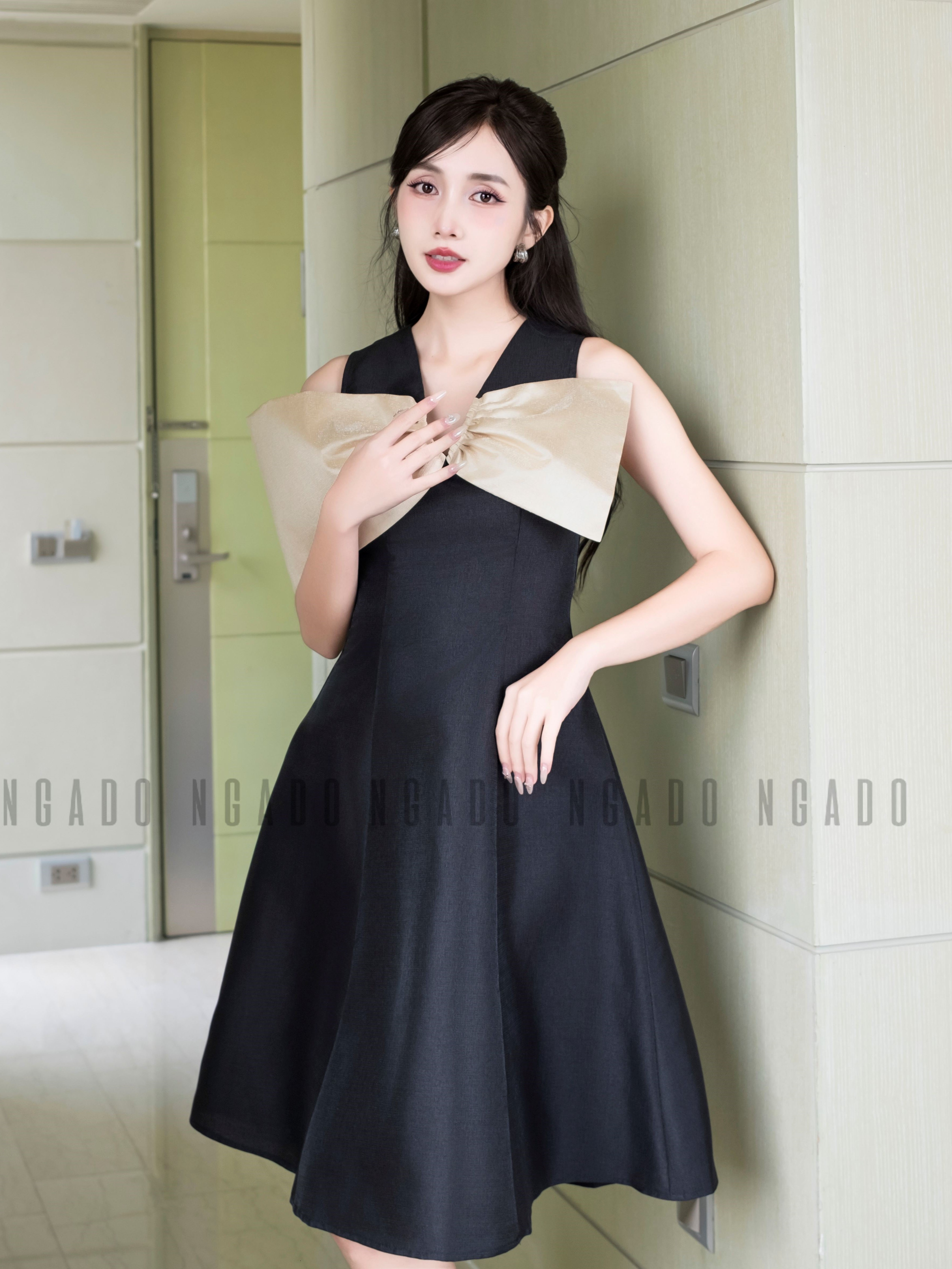 Đầm đen tay nơ NGADO , Đầm xòe , Đầm dự tiệc