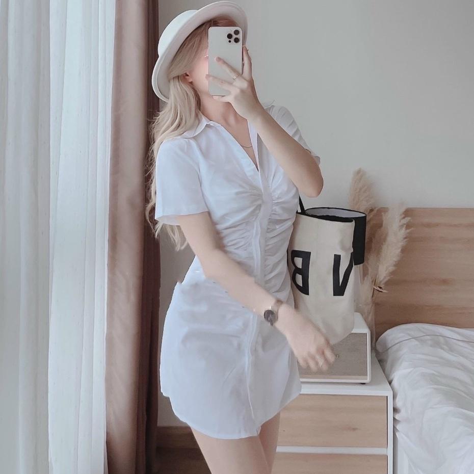 Đầm sơ mi nữ thời trang thiết kế nhún eo cài nút