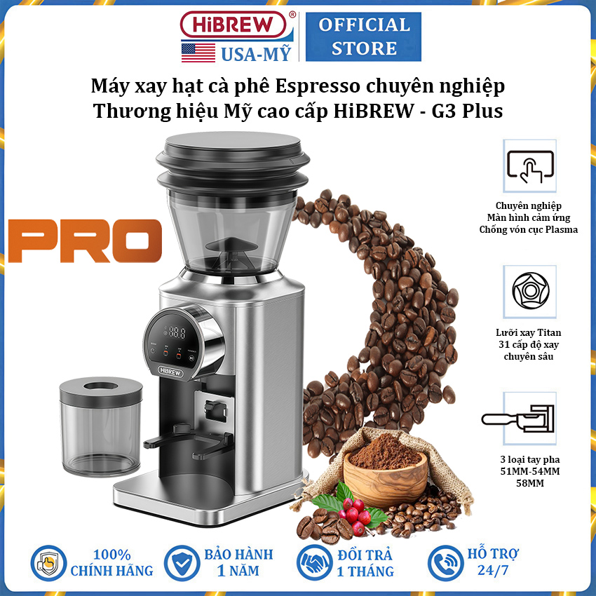 Máy xay hạt cà phê Espresso chuyên nghiệp thương hiệu Mỹ cao cấp HiBREW G3 Plus 31 cấp độ xay - Công suất 180W - Hàng chính hãng