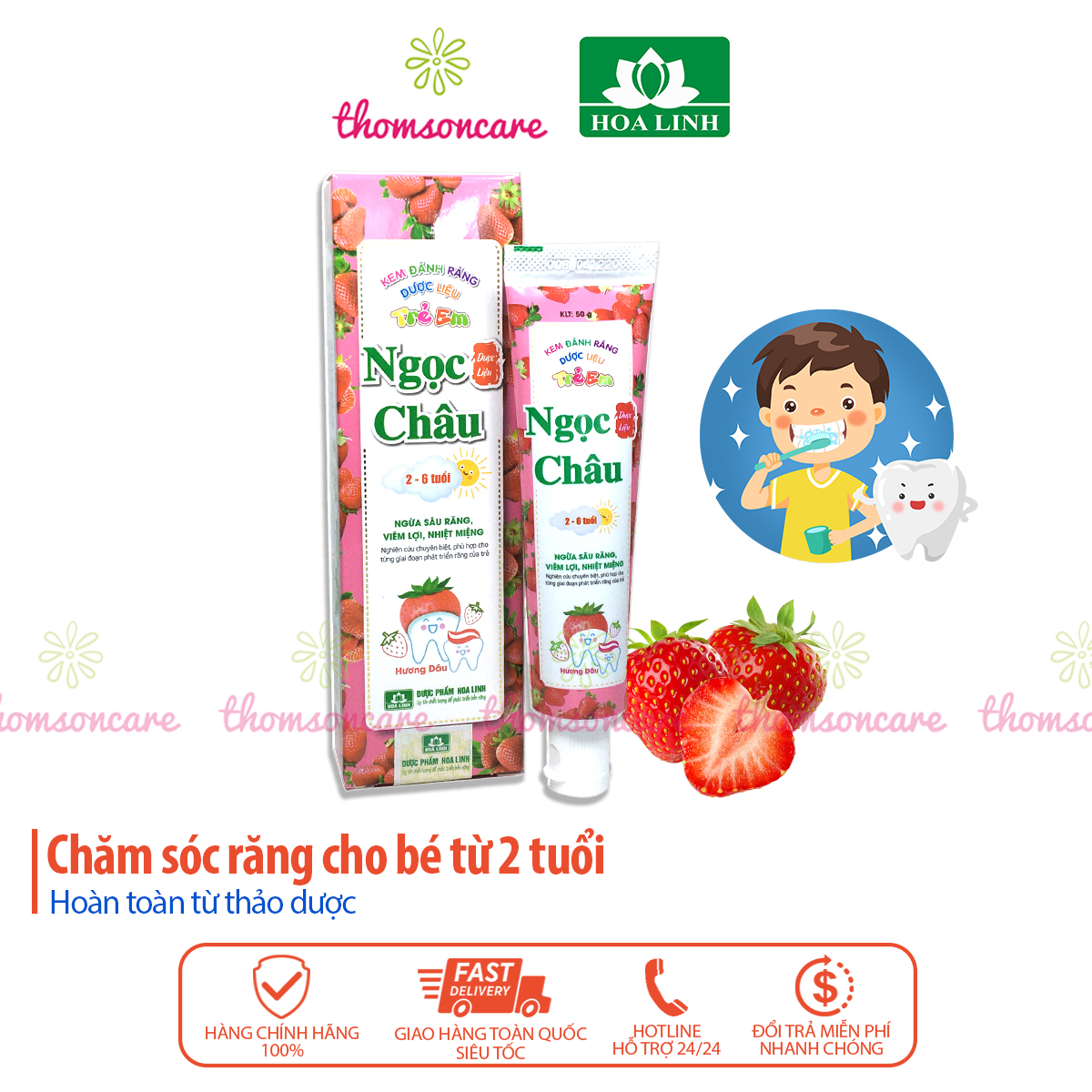 Kem đánh răng Ngọc Châu cho bé từ 2-6 tuổi hương dâu - Ngừa viêm lợi, nhiệt miệng cho trẻ giai đoạn mọc và thay răngg - Của dược Hoa Linh