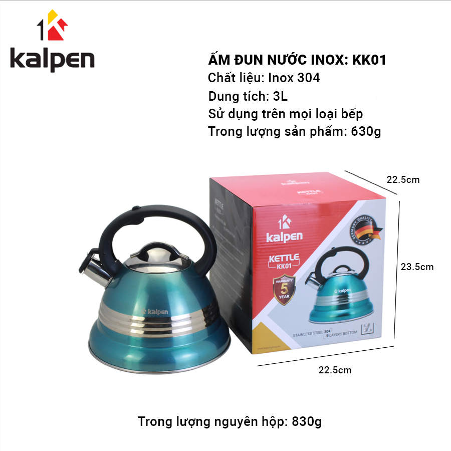 Ấm đun nước Inox 304 cao cấp Kalpen KK01 dung tích 3L dùng bếp từ chuẩn Đức - Hàng chính hãng