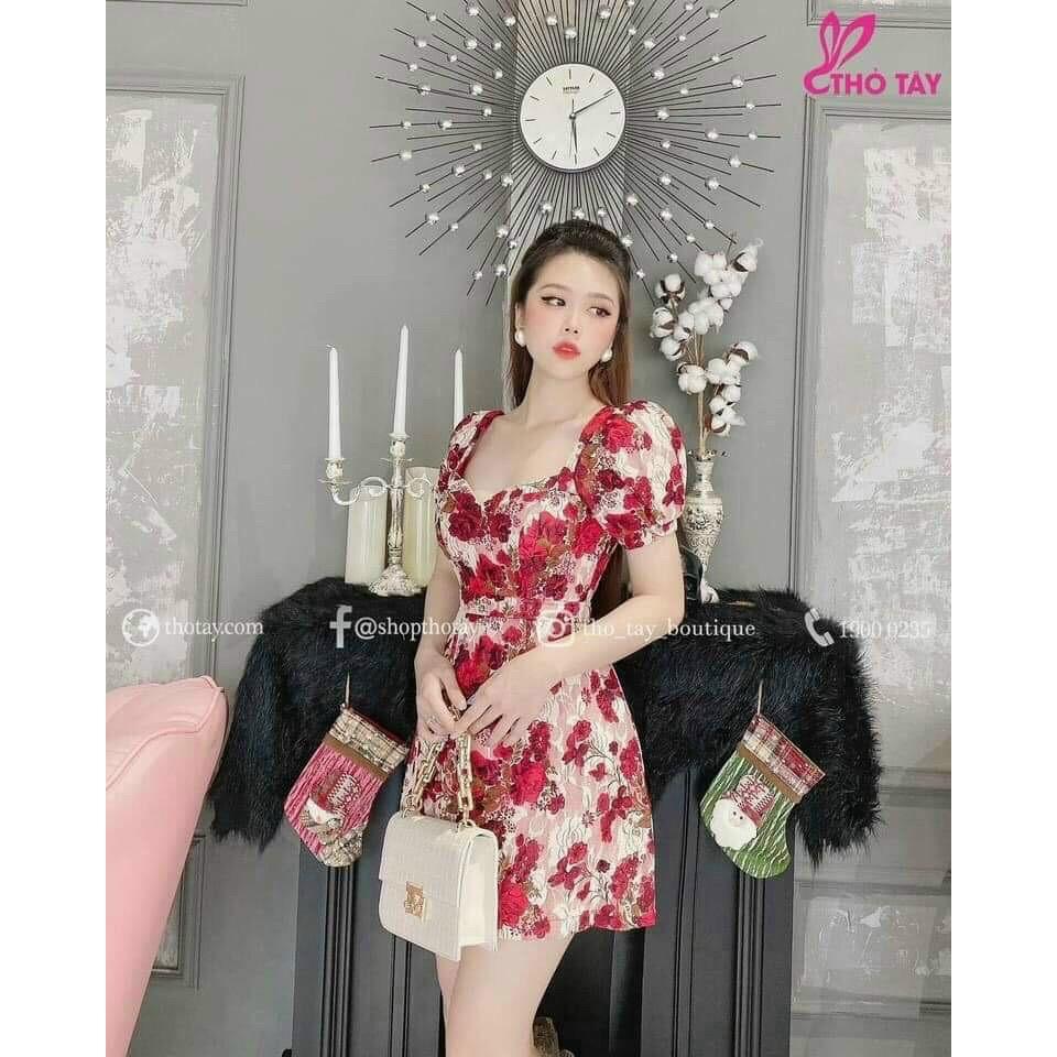 Đầm xoè cổ tim hoạ tiết hoa tay phồng