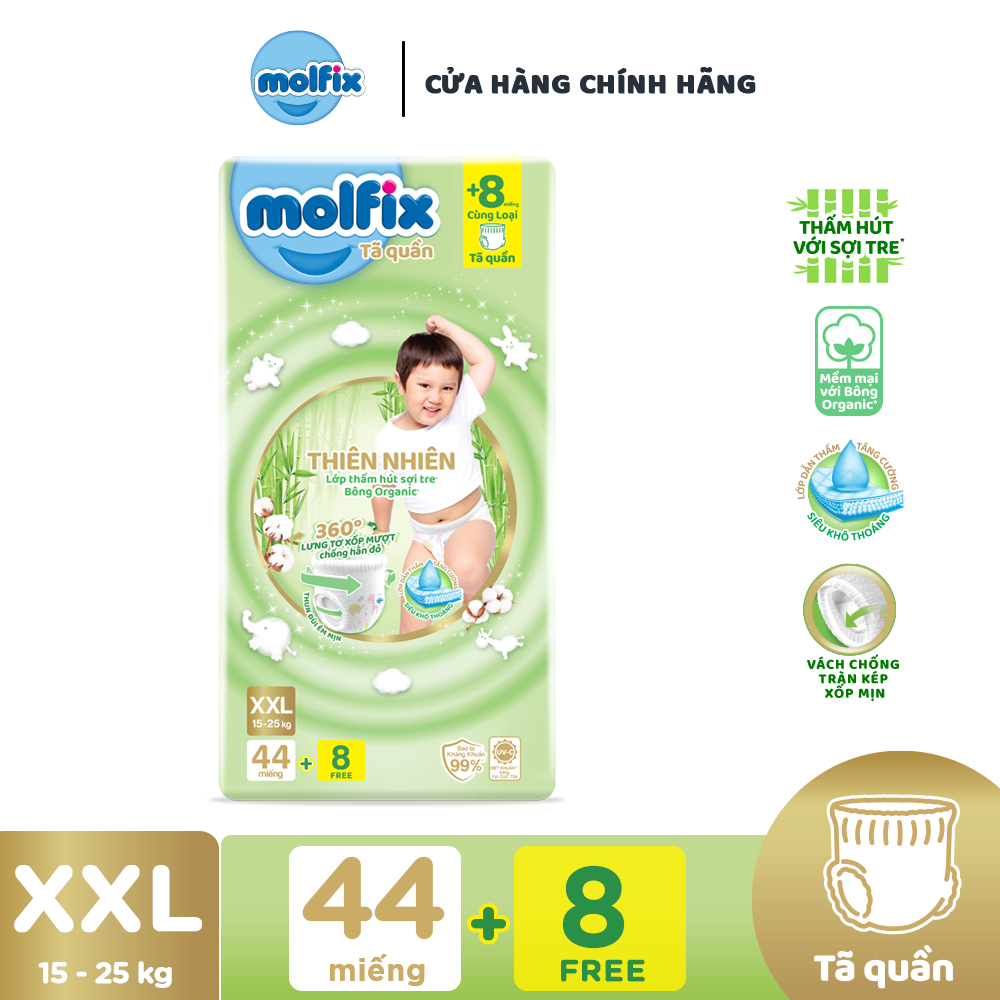 Tã/bỉm quần Molfix Thiên nhiên Super Jumbo XXL - Gói 44+8 miếng