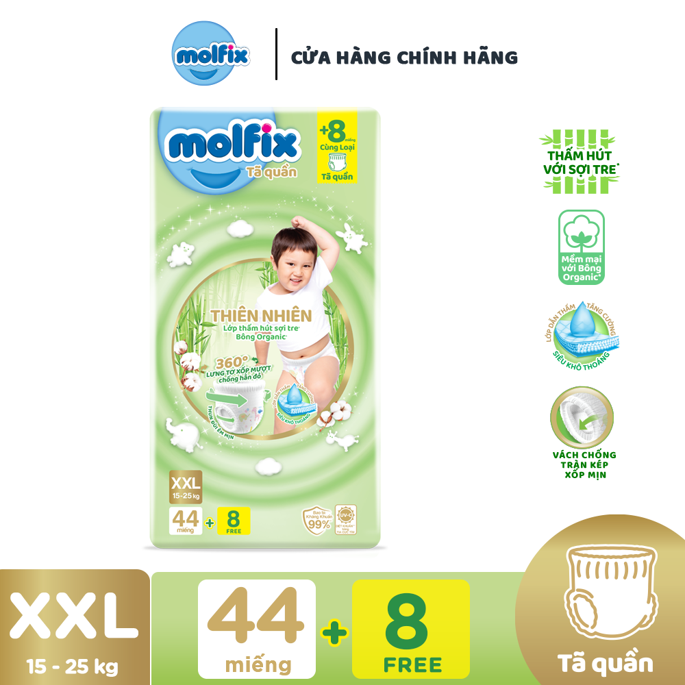 Tã/bỉm quần Molfix Thiên nhiên Super Jumbo XXL (15kg - 25kg) - Gói 44+8 miếng