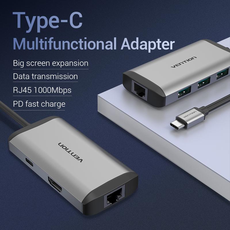 HUB chuyển đổi USB type-C 6 in 1 Vention sang HDMI, USB 3.0*3, Lan, PD(87) dài 15cm - Hàng chính hãng