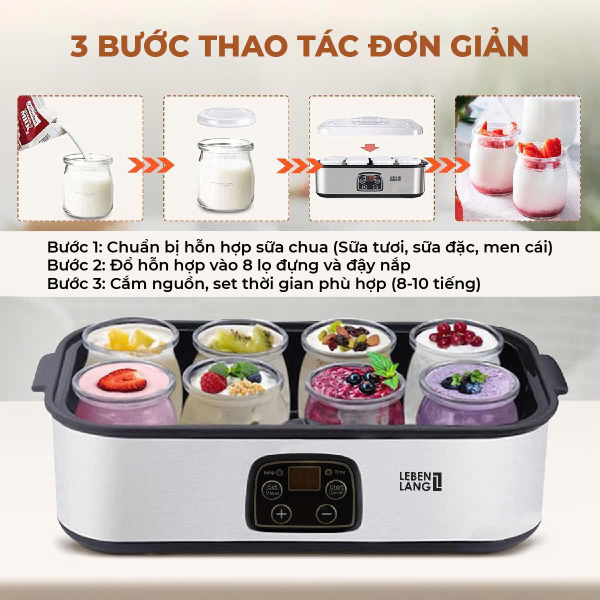 Máy Làm Sữa Chua Lebenlang LBL9140, 8 Hũ Thủy Tinh 180ml, Điều Chỉnh Nhiệt Độ & Thời Gian, 20W, Tự Ngắt, bảo hành 2 năm - hàng chính hãng