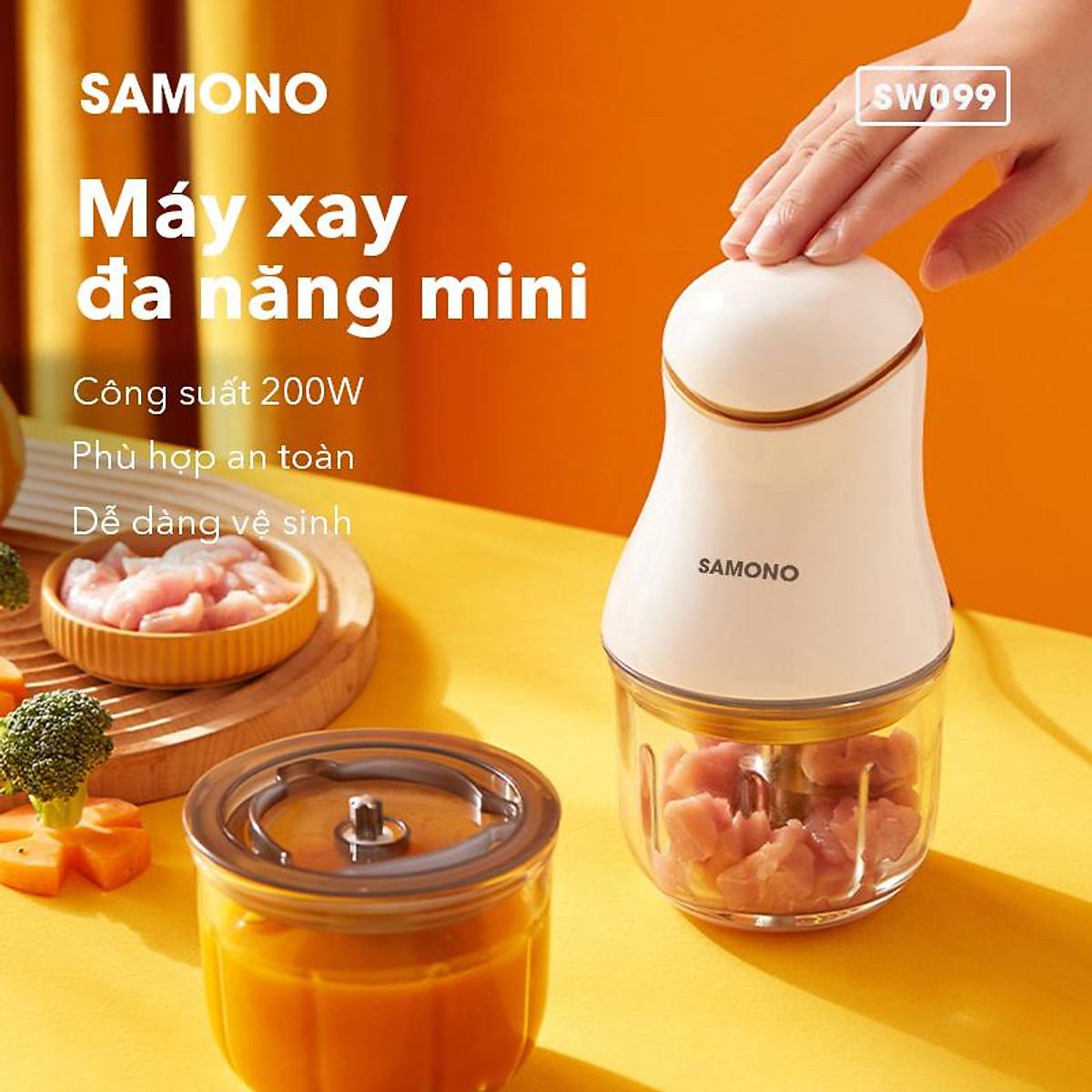 Máy xay thực phẩm mini đa năng SAMONO SW099 xay thịt tỏi ớt công suất 200W - Hàng chính hãng