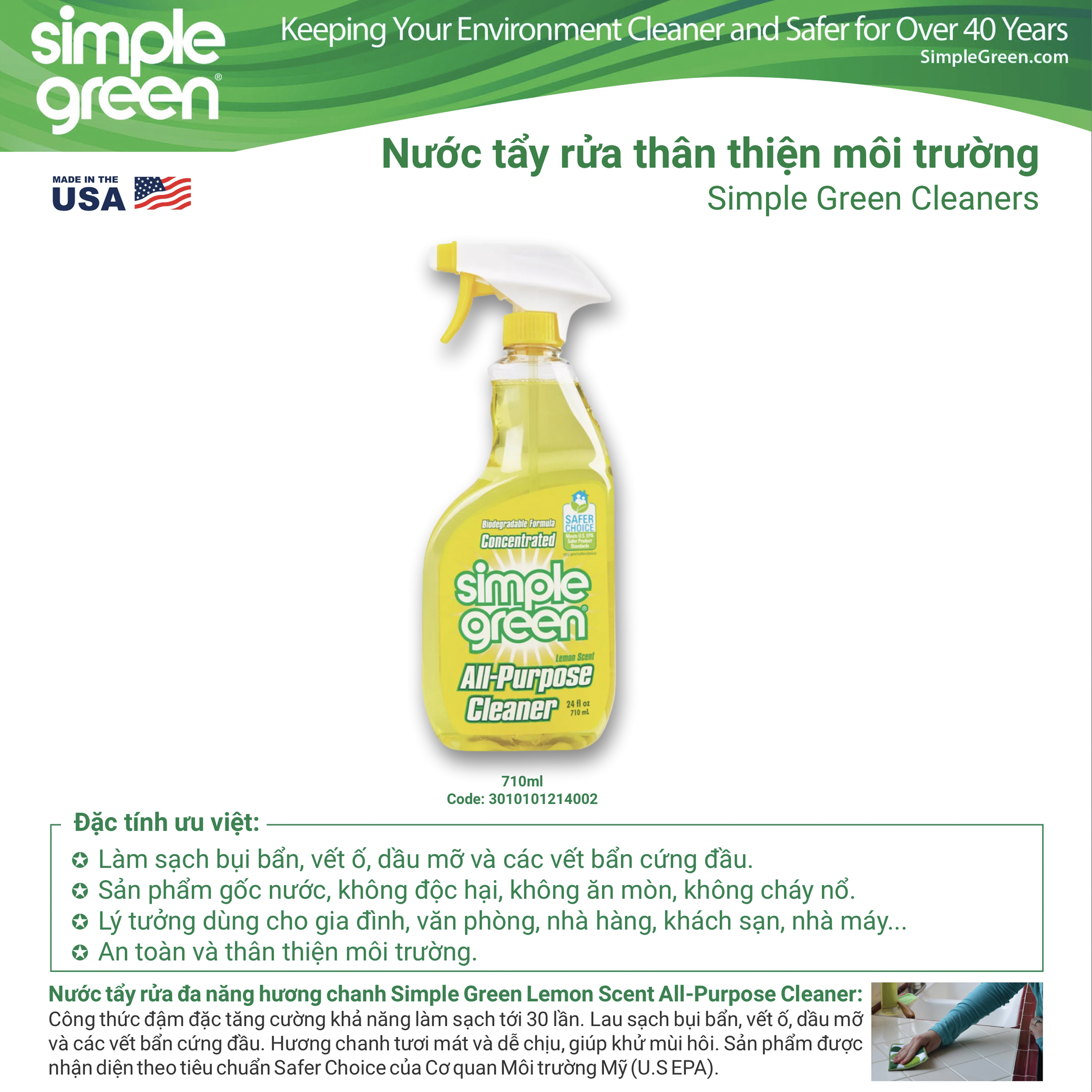 Nước tẩy rửa đa năng hương chanh Simple Green Lemon Scent All-Purpose Cleaner, lau sạch bụi bẩn, vết ố, dầu mỡ và các vết bẩn cứng đầu, chai xịt 710mm