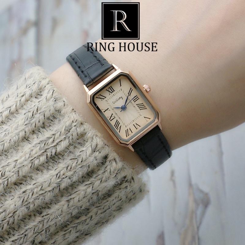 Đồng Hồ Nữ Chính Hãng GoGoey Ulzzang Mặt Vuông Nhỏ Dây Da Nhiều Màu Cao Cấp Mặt Số La Mã Ring House