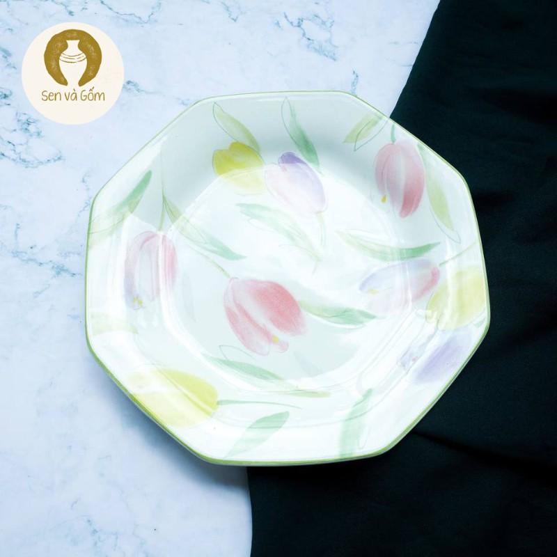 24cm Dĩa gốm Nhật bát giác vẽ hoa tulip tím vàng SVG4430