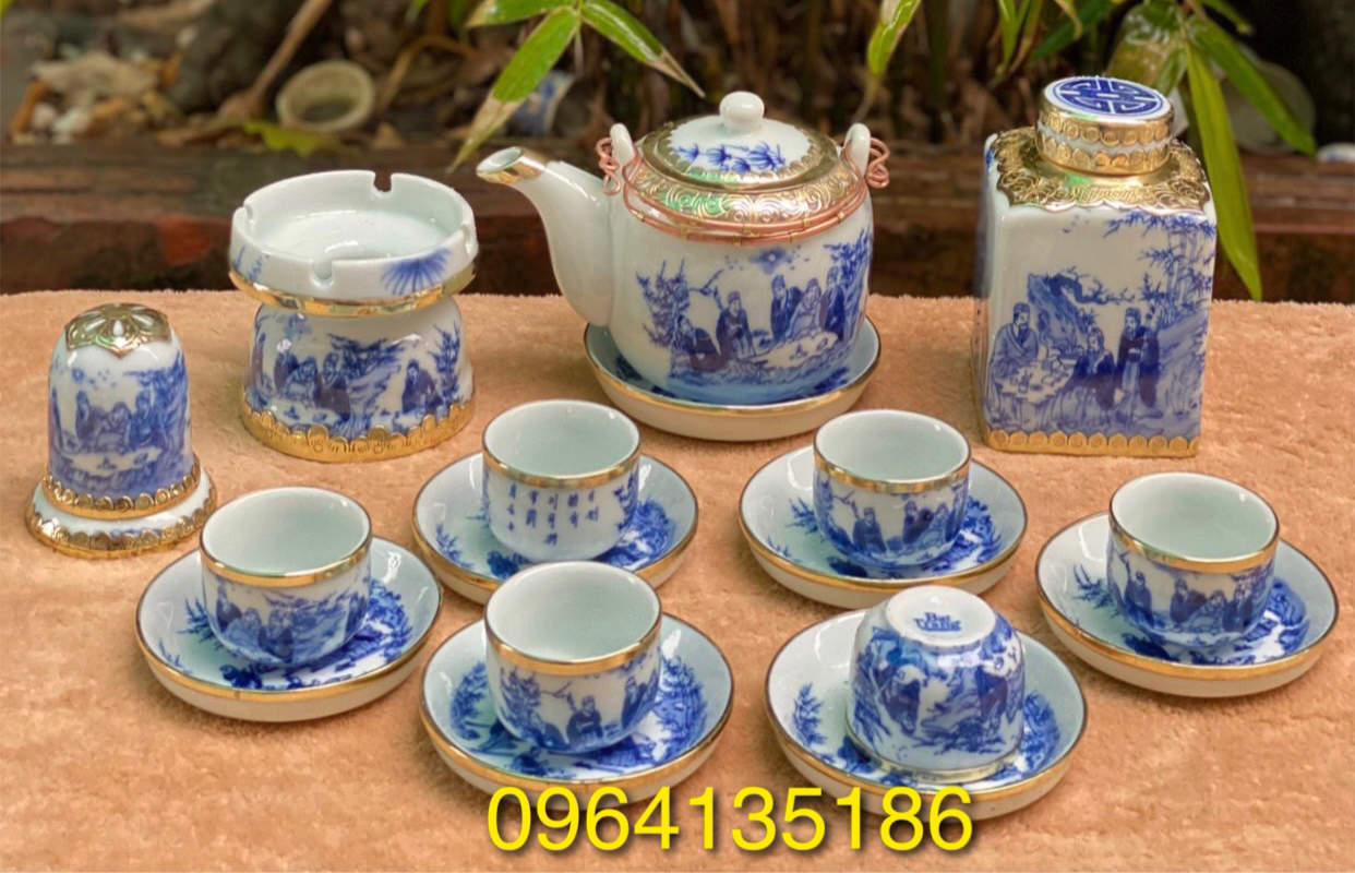 Bộ ấm chén vại men lam bọc đồng và phụ kiện vẽ tích trúc lâm thất hiền gốm sứ Bát Tràng