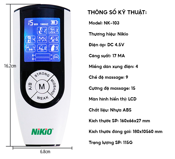 Máy massage xung điện 2 điện cực 4 miếng dán pin sạc Nikio NK-103 - Dòng cao cấp