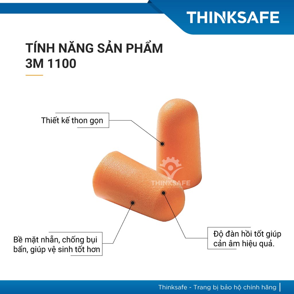 Nút tai chống ồn 3M 1100 cấu tạo từ PU xốp, mềm, nhét tai chống ồn đạt chỉ số NRR 29dB