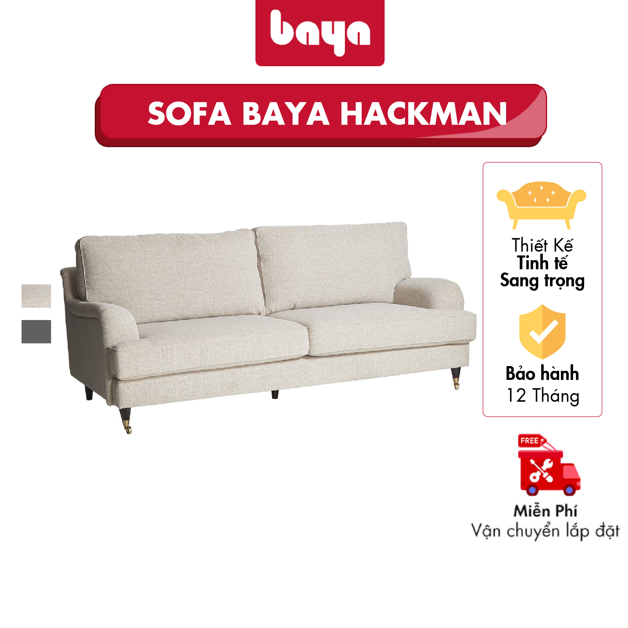 Ghế Sofa Dài Phòng Khách BAYA HACKMAN Thiết Kế Tối Giản, Sang Trọng Hiện Đại, Phần Khung Chân Ghế Gắn 2 Bánh Xe Kim Loại  Vô Cùng Chắc Chắn, Có Thể Linh Hoạt Di Chuyển