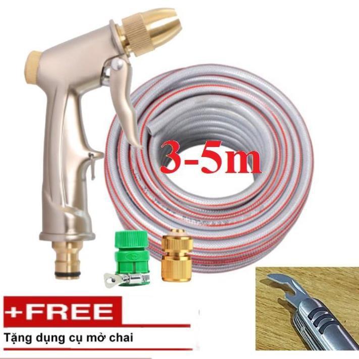 Bộ dây vòi xịt nước rửa xe,tưới cây,tăng áp 3 lần,loại 3m,5m 206701-1 đầu đồng,cút đồng,nối nhựa vàng+tặng mở chai