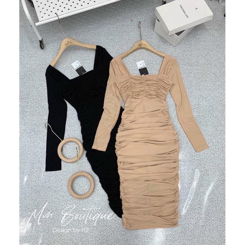 Đầm body nhún tay dài chất thun borip cao cấp