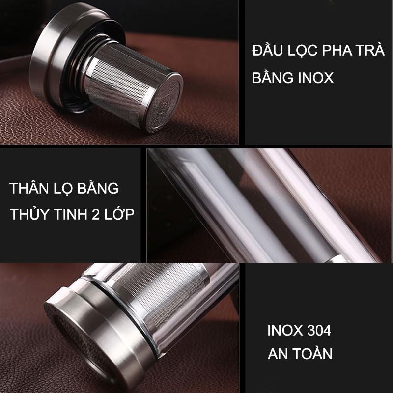 BÌNH GIỮ NHIỆT 2 ĐẦU KIÊM LỌC PHA TRÀ BẰNG THỦY TINH 2 LỚP VÀ INOX CAO CẤP