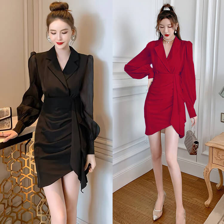 Đầm cổ vest tay tơ phồng