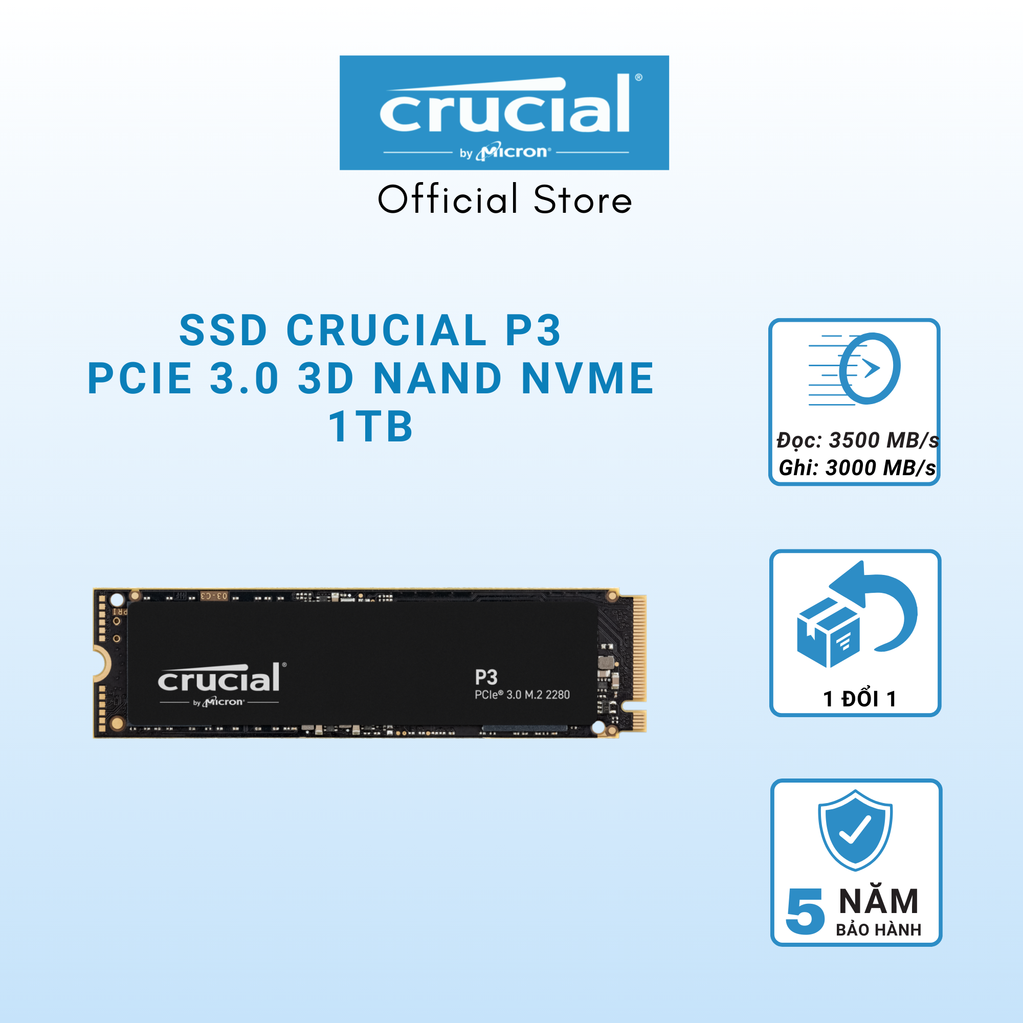 SSD CRUCIAL P3 Gen 3 NVMe 1000GB - CT1000P3SSD8 - HÀNG CHÍNH HÃNG