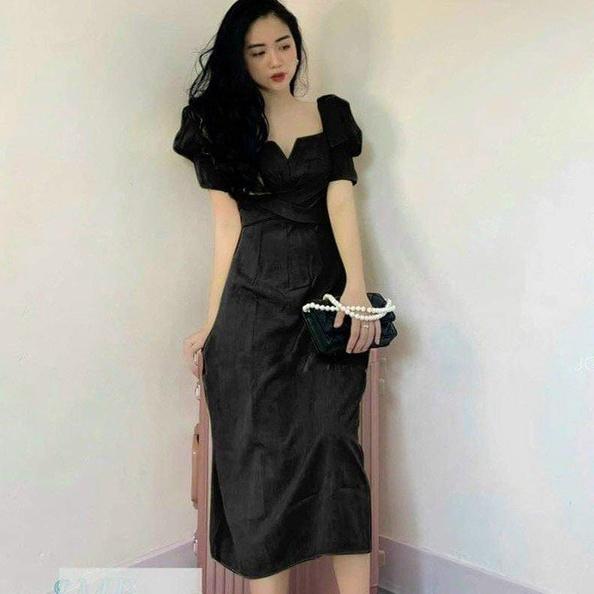 Đầm váy nữ dự tiệc dạo phố cổ vuông tay bồng đen xanh bơ đơn giản năng động