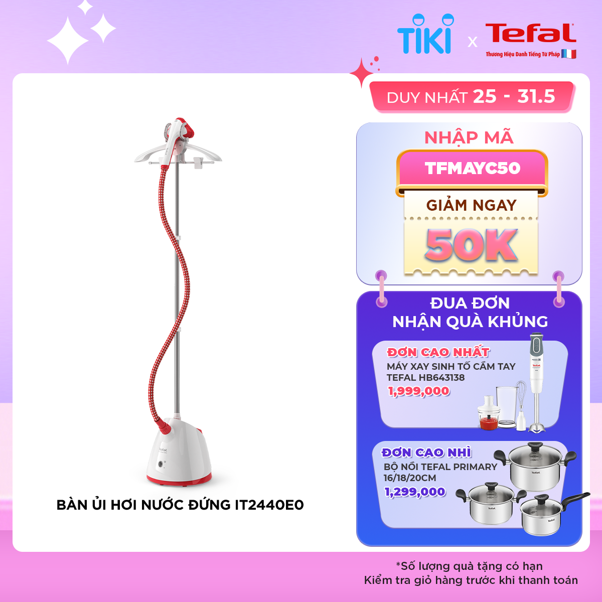 Bàn ủi hơi nước đứng Tefal IT2440E0 - 1800W - Phun hơi nước liên tục - Ngăn chứa nước có thể tháo rời - Hàng chính hãng