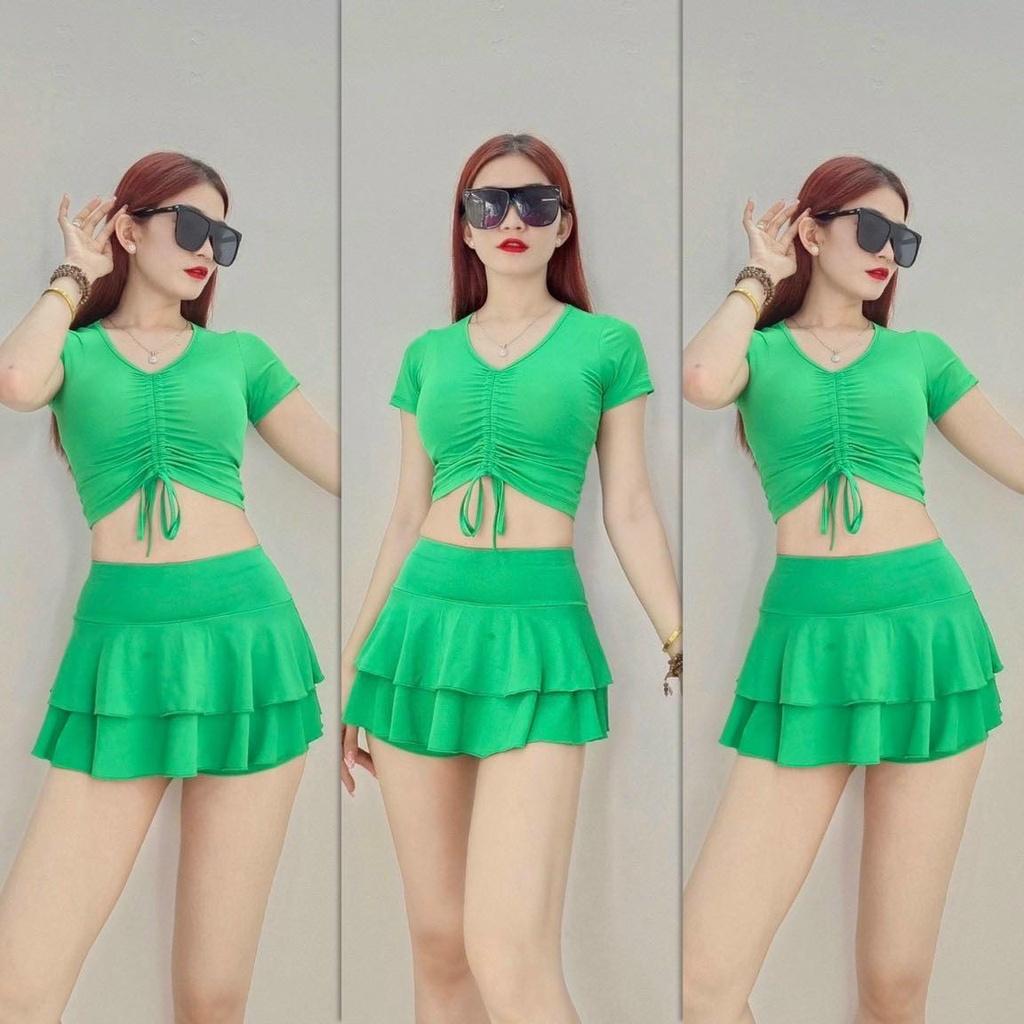 Set váy 2 tâng áo croptop rút dây giữa ngực khiêu vũ, aerobic, đi bơi, gym, đồng phục đội nhóm,biểu diễn nữ