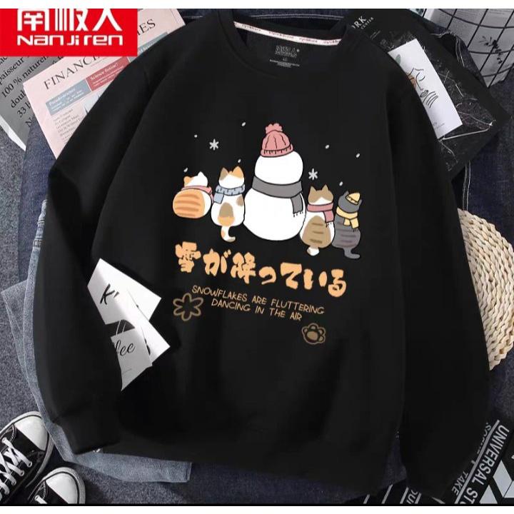 Áo nỉ cổ tròn mèo cute phom rộng chất nỉ bông