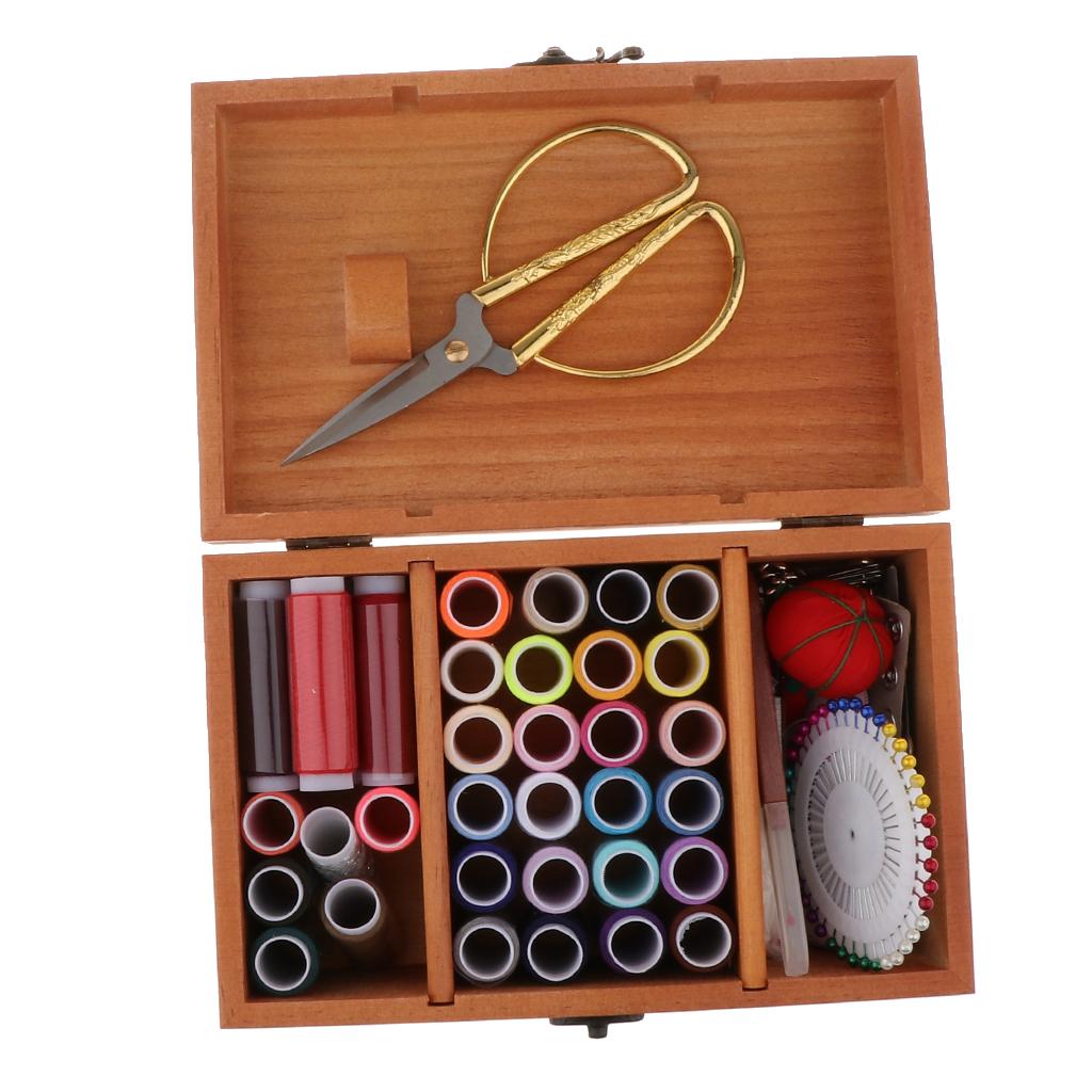Vintage Sewing Kits with Wooden Storage Box DIY Sewing Accessories Supplies