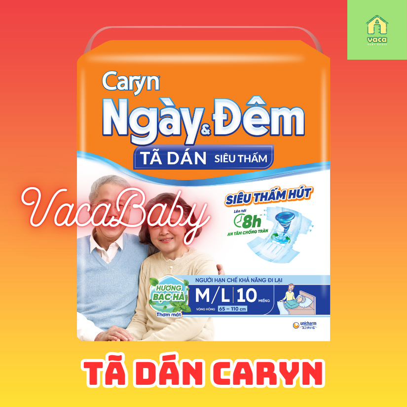 Tã/Bỉm DÁN Caryn Ngày và Đêm hương bạc hà mã mới giá rẻ dành cho người già, người lớn tuổi size M/L10 miếng