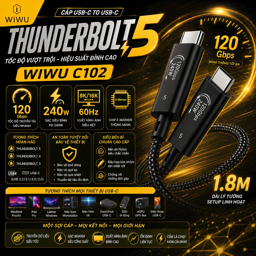 Dây cáp THUNDERBOLT 5 PD 240W WIWU C102 USB-C TO USB-C 1.8M | 120Gbps Bandwidth Boost | 8K/16K 60Hz | Chip E-Marker cho Macbook / iPhone / iPad / Laptop - Hàng nhập khẩu