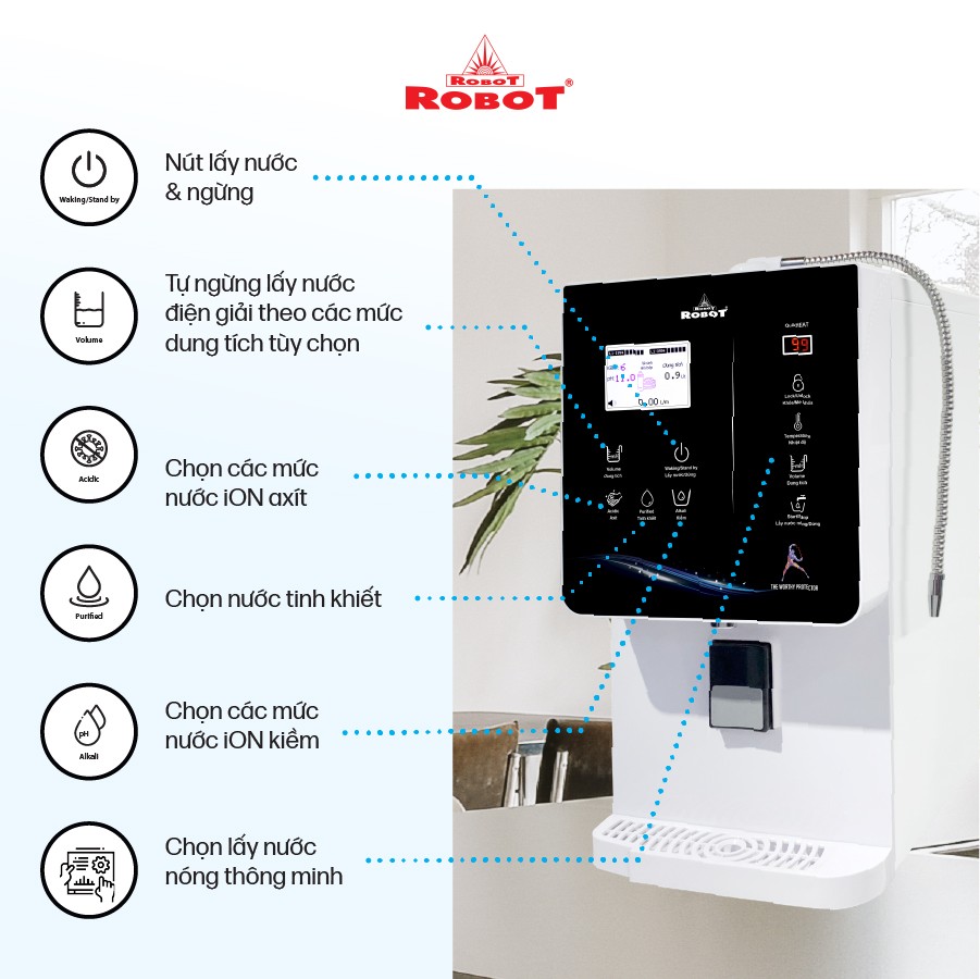 Máy Lọc Nước Điện Giải Ion Kiềm ROBOT IonQueen 711 Chế Độ Nóng Nguội Lạnh - 7 Tấm Điện Cực Titanium Phủ Platium - Hàng Chính Hãng