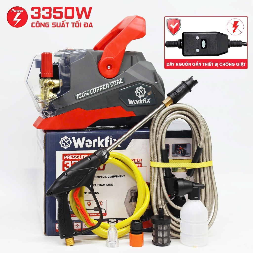 Máy rửa xe công suất lớn WORKFIX WF-PW3350W, Công suất 3350w 200bar, Có chỉnh áp, Động cơ dây đồng