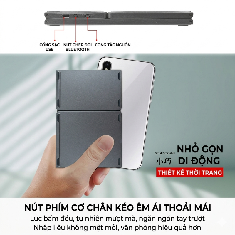 Bàn phím Gấp gọn mini không dây Bluetooth B89T có chuột touchpad - pin sạc TypeC cho PC Laptop điện thoại máy tính bảng- HÀNG NHẬP KHẨU