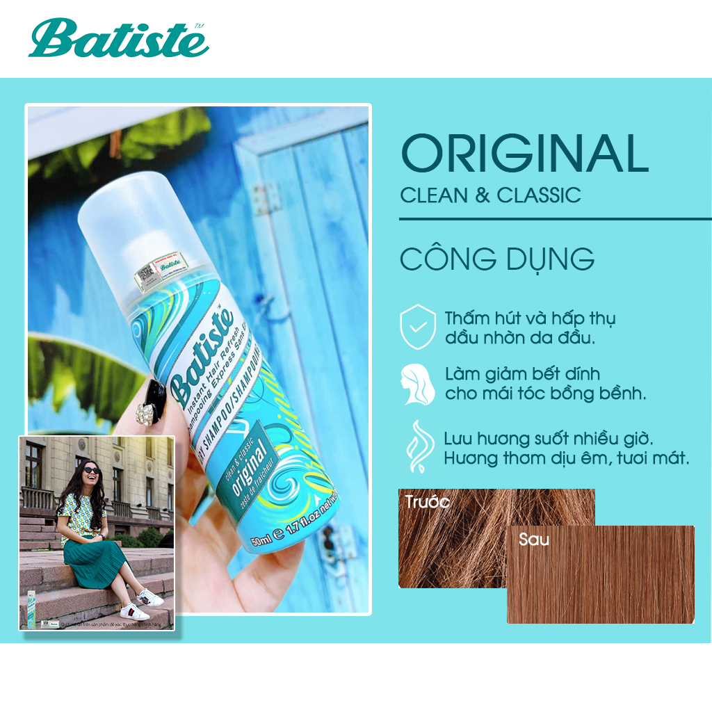 Dầu Gội Khô Hương Cổ Điển Batiste Dry Shampoo Clean &amp; Classic Original 50ml