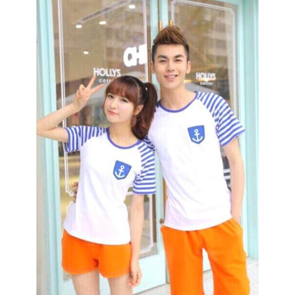 Áo thun đôi unisex sọc navy Freeship