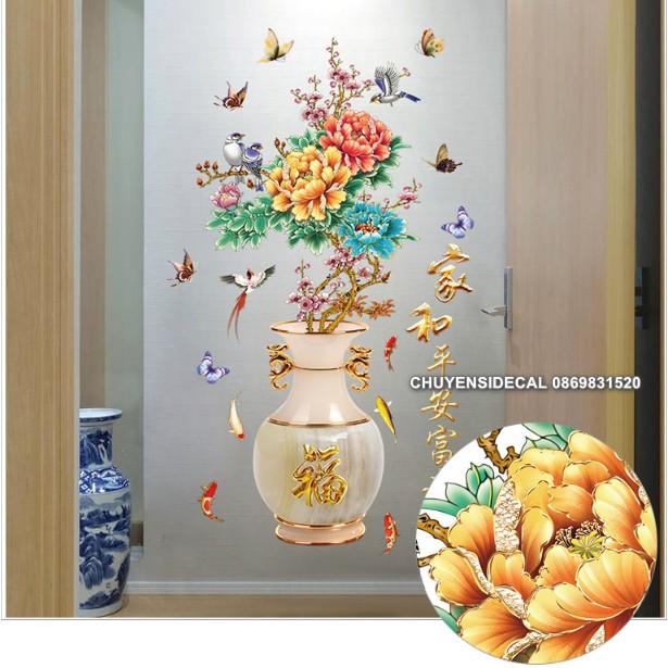 Decal trang trí tường - Bình Hoa Mẫu Đơn Khoe Sắc Ngày Tết